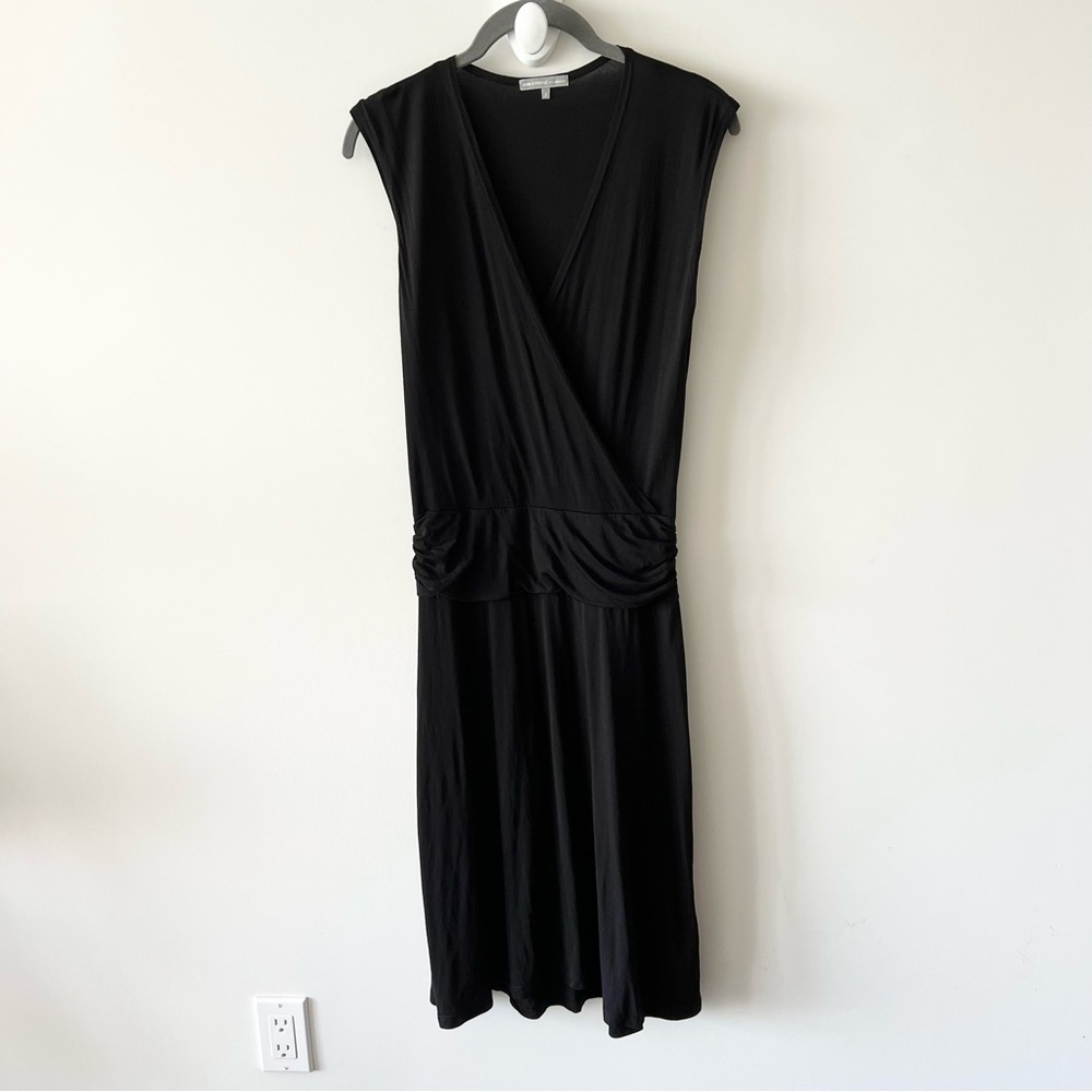 James Perse 2 Solid Black Surplice V Neck Casual Dress 100% Tencel Ruched A1